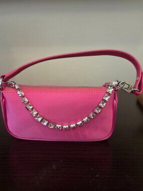 Pink Satin Rhinestone Shoulder Bag Y2K Mini Baguette Purse Evening Handbag